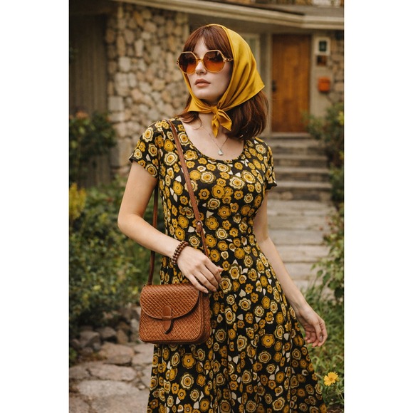Vintage 70s Style Mustard Yellow Floral Midi Dress Retro Mod Indie Cottagecore L - Picture 1 of 7